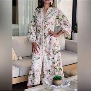 Caroline Costas Floral Long Sleeve Maxi Dress Size M
